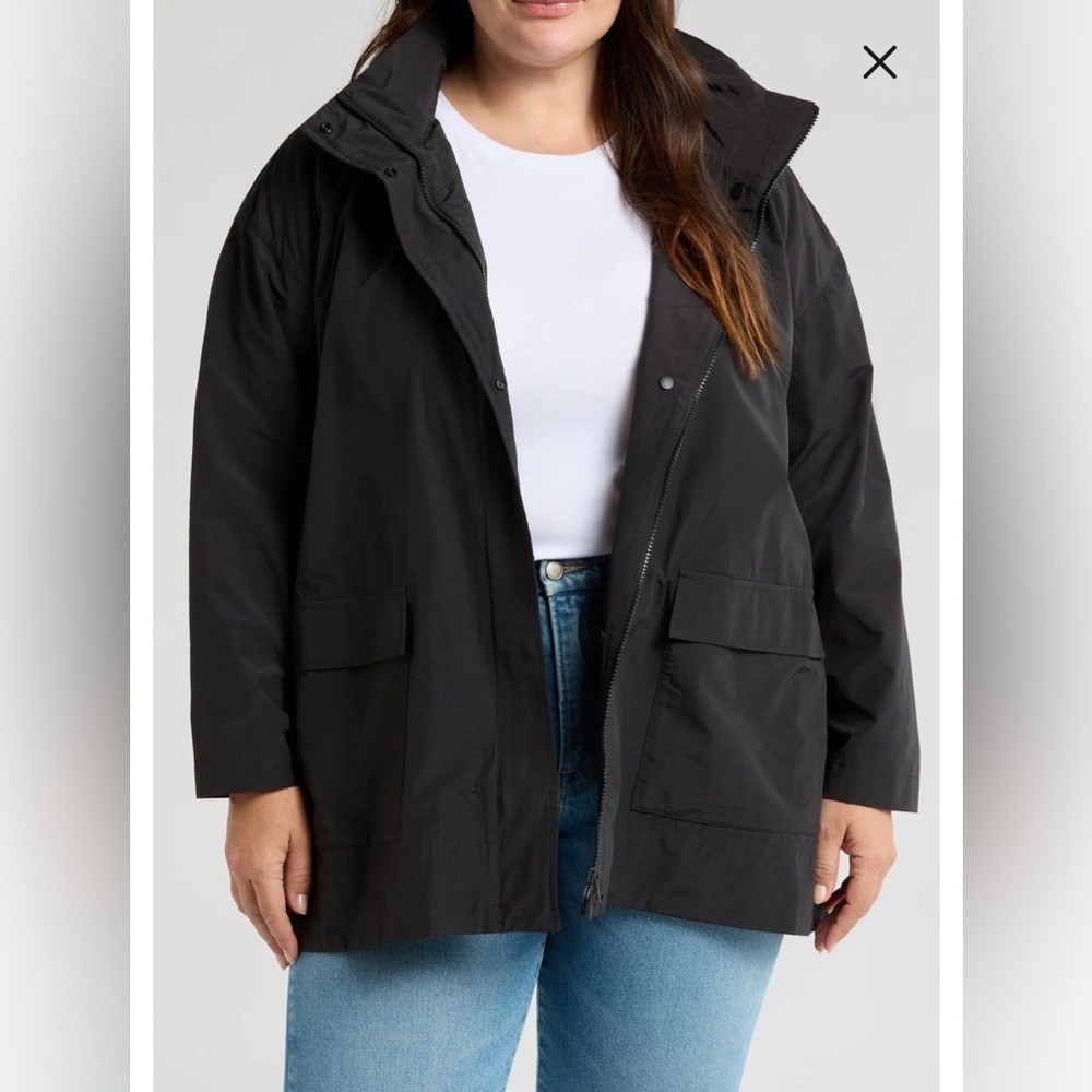 Eileen Fisher Black Hooded Cotton Zip Front Jacket Anorak Women L Oversized